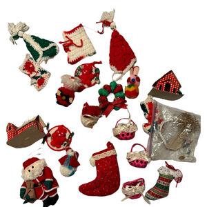 Vintage Christmas Ornaments Set Red Green Plus Bag of Fancy Hooks